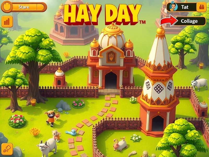 Hay Day खेती का दृश्य - हरा-भरा खेत और ट्रैक्टर