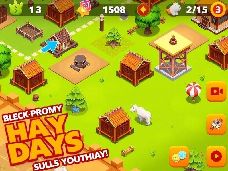 Hay Day में उन्नत फार्म का दृश्य जिसमें विभिन्न फसलें और इमारतें दिखाई दे रही हैं