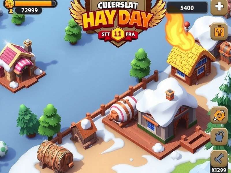 A vibrant, high-level Hay Day farm with crops, animals, and machines