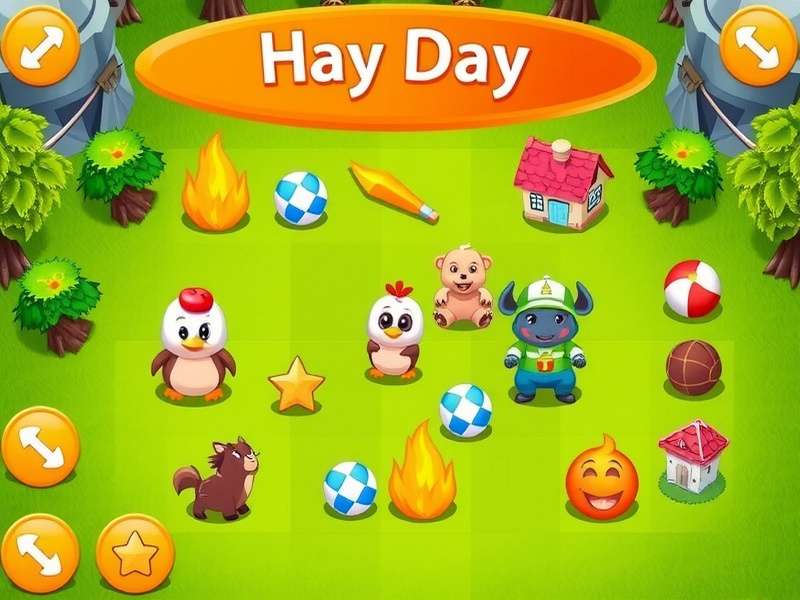 Hay Day farming gameplay screenshot showing crops, animals, and farm layout
