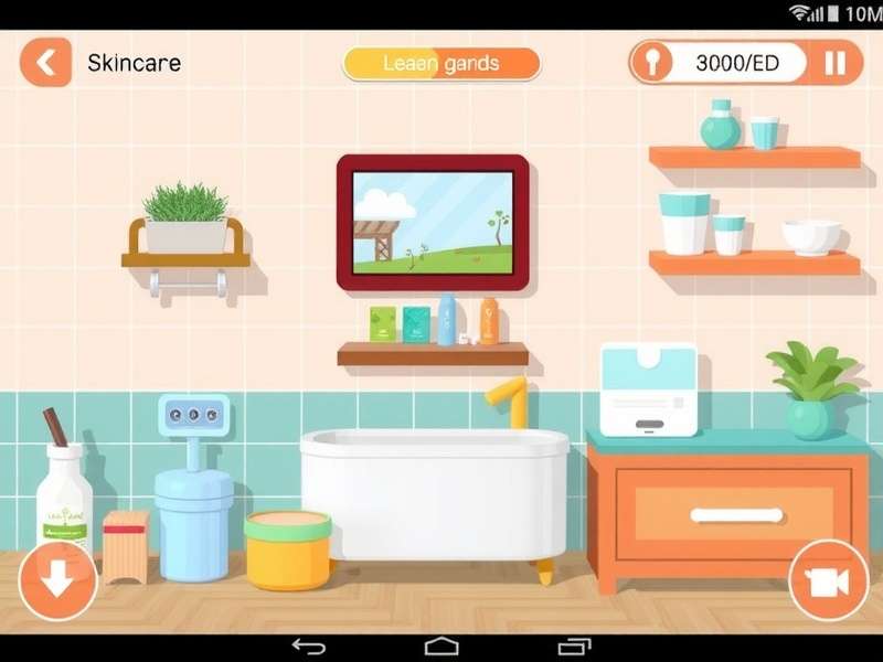 A serene farm landscape with green fields and skincare products