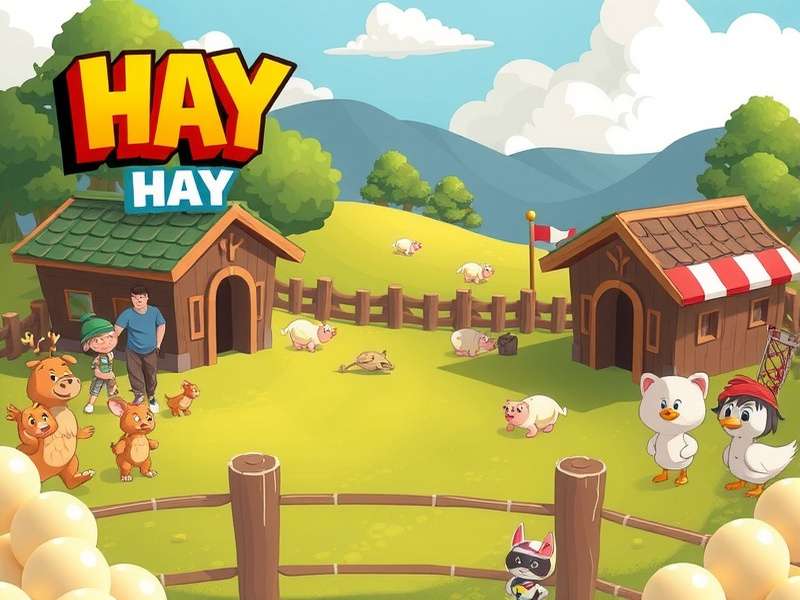 A vibrant Hay Day style farm with crops, animals, and a barn
