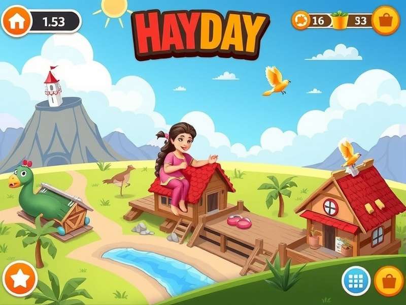 A vibrant Hay Day farm showing crops, animals, and production buildings