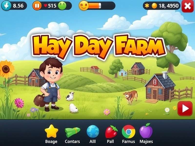 A vibrant digital farm landscape with crops, animals, and buildings, representing Hay Day's core aesthetic.