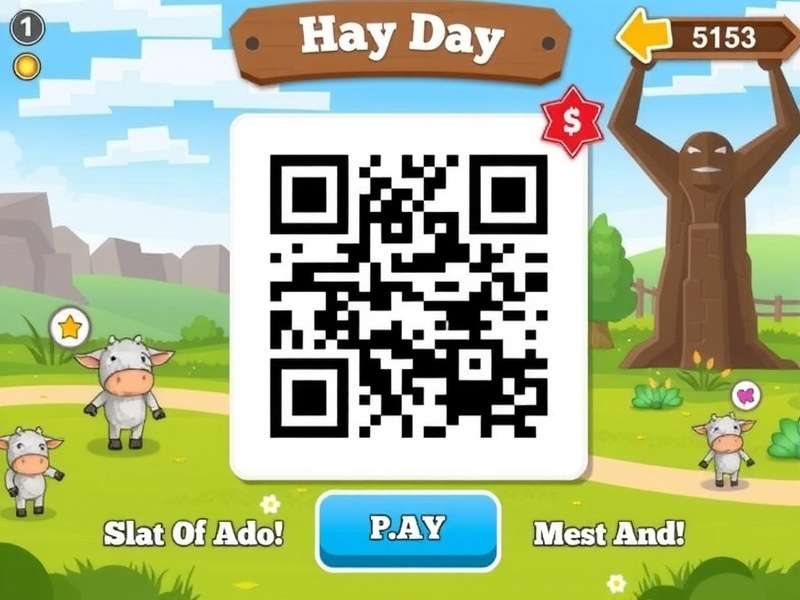 A vibrant Hay Day farm scene with a smartphone displaying a QR code overlaid, connecting to a friend's farm.