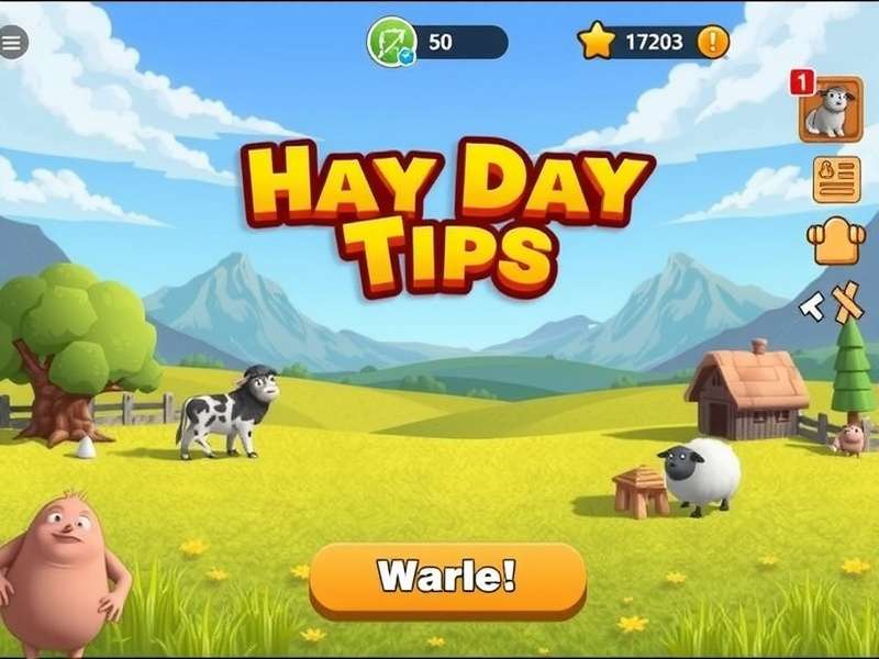 A well-organized Hay Day farm with crops, animals, and production buildings