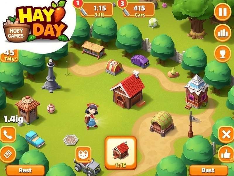 Hay Day gameplay screenshot showing a lush farm with wheat, corn, and sugarcane ready for harvest