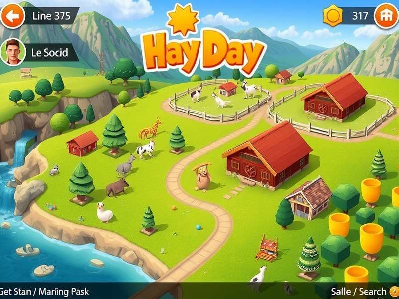 Hay Day Pc gameplay screenshot showing a high-level farm with crops, animals, and decorations