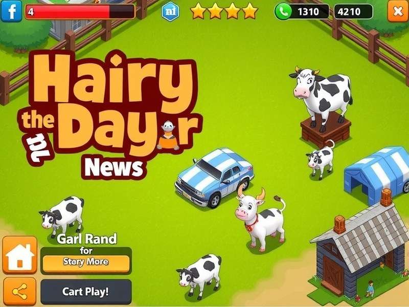 Hay Day dairy farm scene with cows, barns, and golden fields under a bright sky.