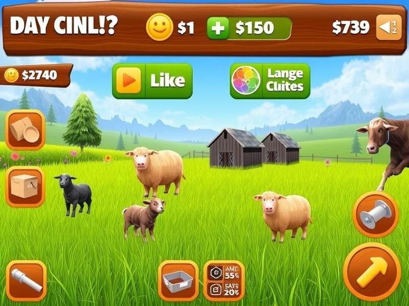 Lush green Hay Day farm with crops, animals and a rustic farmhouse under a bright sky