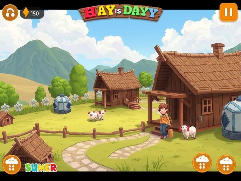 Hay Day lush farm landscape with crops, animals and decorations at sunset