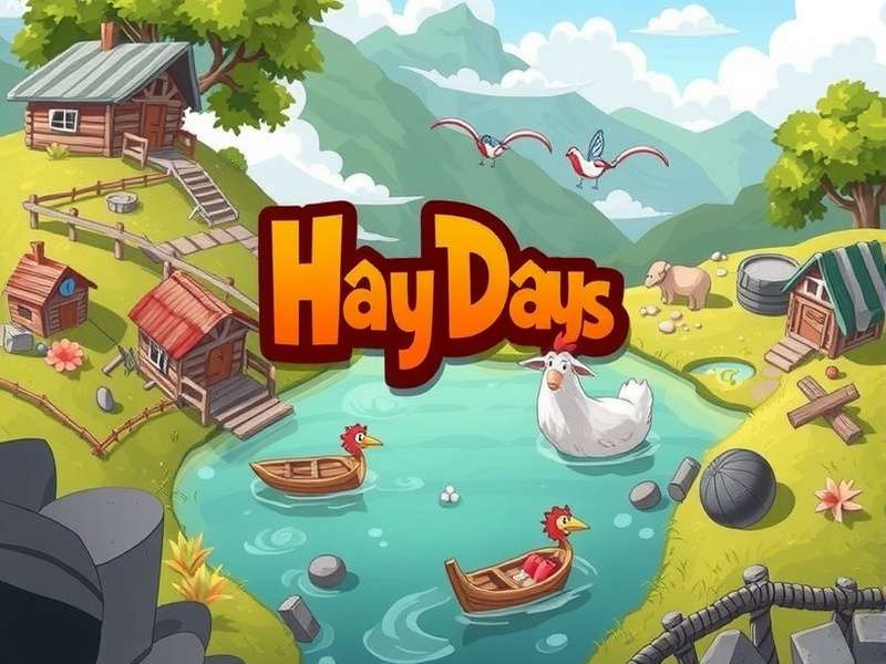 Optimised Hay Day farm layout with crop rows, animal pens, and decorations