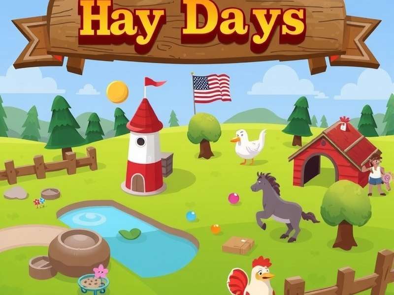 Hay Day farming landscape with golden wheat and green fields