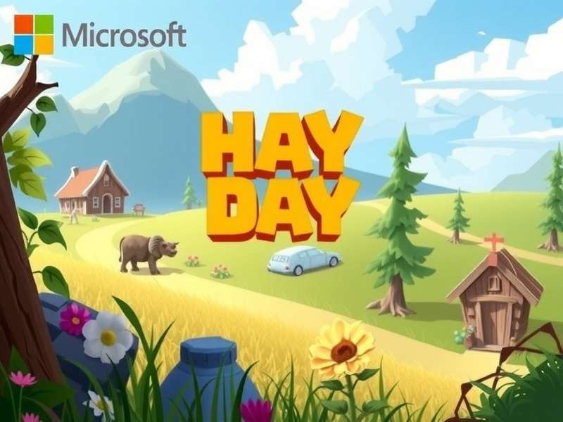 Hay Day game running on Windows PC via Microsoft Store with vibrant farm landscape